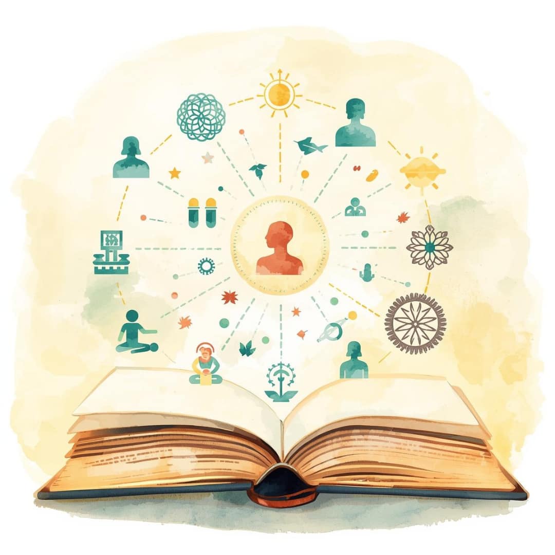 painting of a book opened and many things coming out of it like information about varying topics